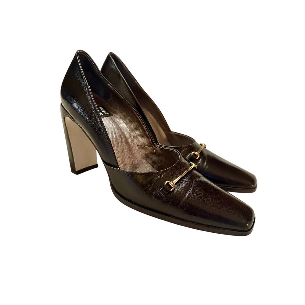 Vintage Nine West Brown Leather Square Toe Gold Bit Heels 7.5